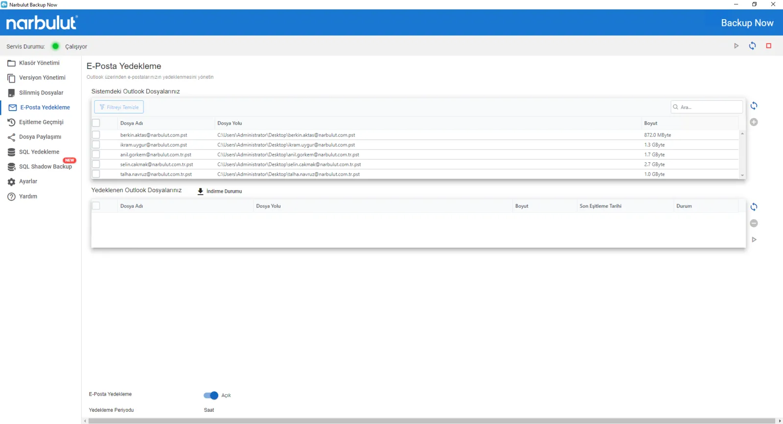 Narbulut Backup Now uygulamasında sistemdeki Outlook PST dosyalarının listelendiği E-Posta Yedekleme ekranı