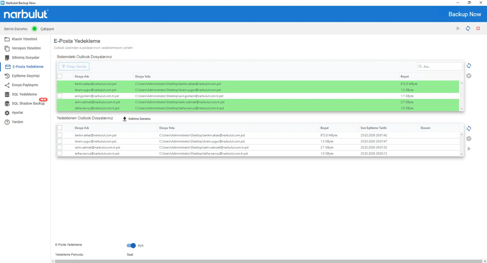 Backup Now E-Posta Yedekleme ekranında yedeklenmek üzere seçilen Outlook PST dosyaları
