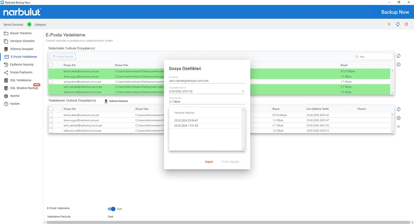 Backup Now'da bir PST dosyasının versiyon geçmişini gösteren Dosya Özellikleri penceresi