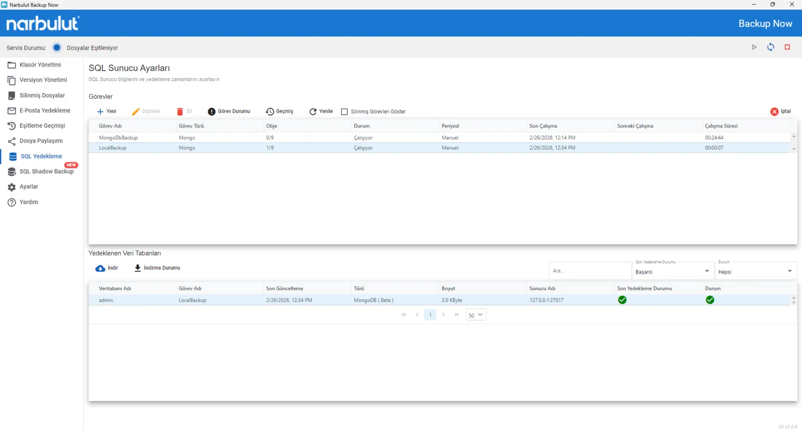 Narbulut Backup Now uygulamasında SQL Sunucu Ayarları ve yedeklenen veritabanları ekranı