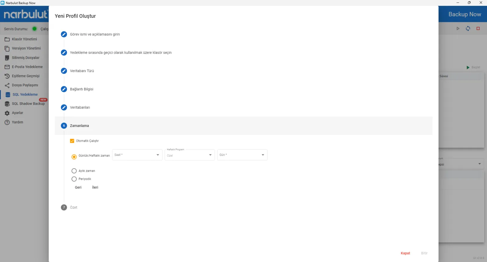 Backup Now yeni SQL yedekleme profili oluştururken zamanlama adımı