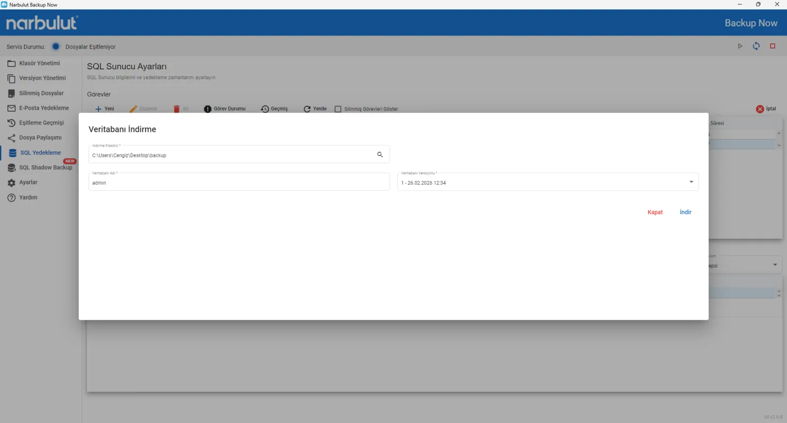 Backup Now SQL Sunucu Ayarları ekranında veritabanı indirme penceresi