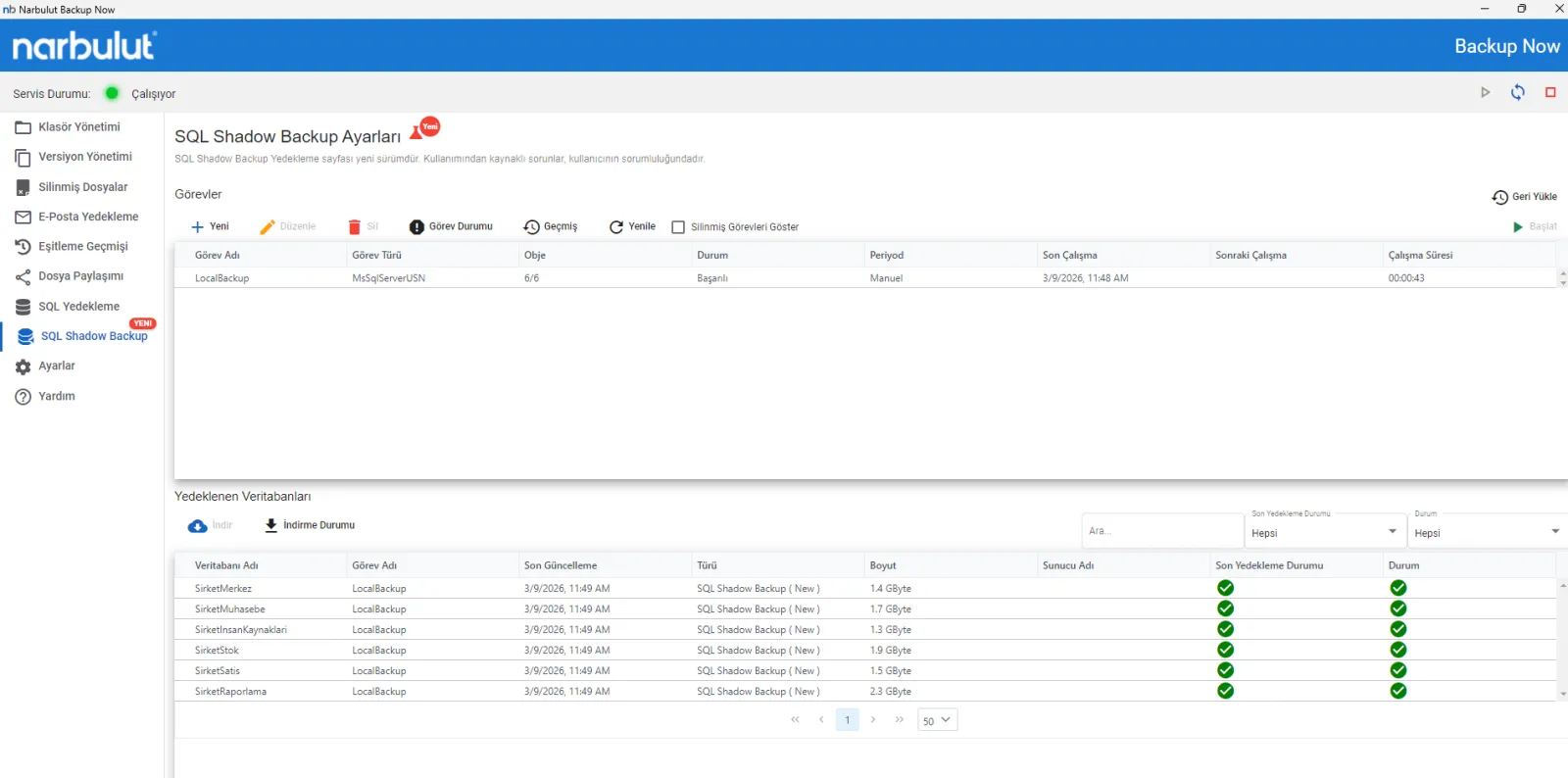Backup Now SQL Shadow Backup Ayarları ekranında görevler ve yedeklenen veritabanları