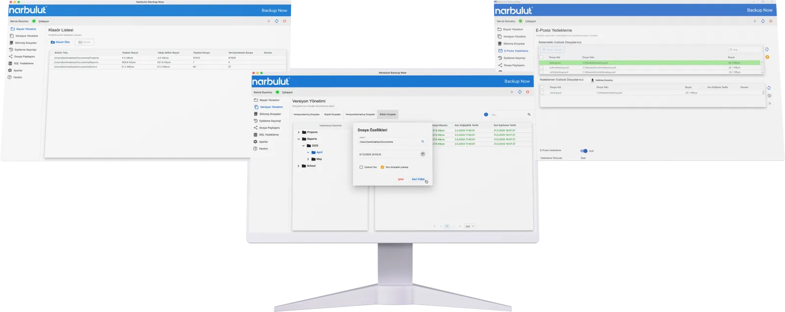 Narbulut Backup Now uygulaması: klasör yönetimi, versiyon yönetimi ve e-posta yedekleme ekranları