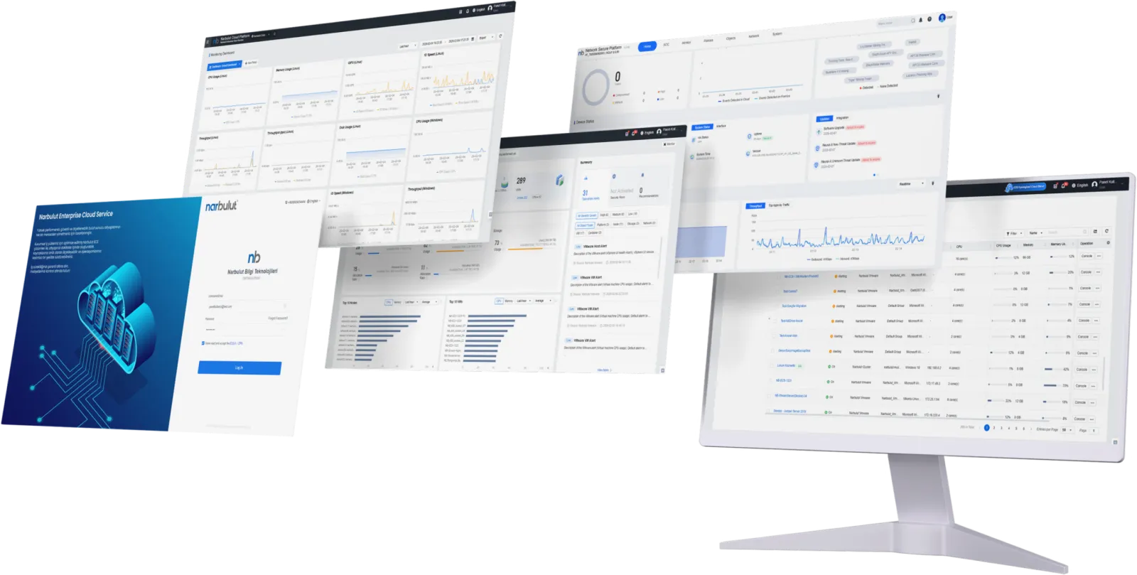 Narbulut Cloud Server yönetim paneli: kaynak kullanımı, sanal makine ve ağ yönetimi ekranları