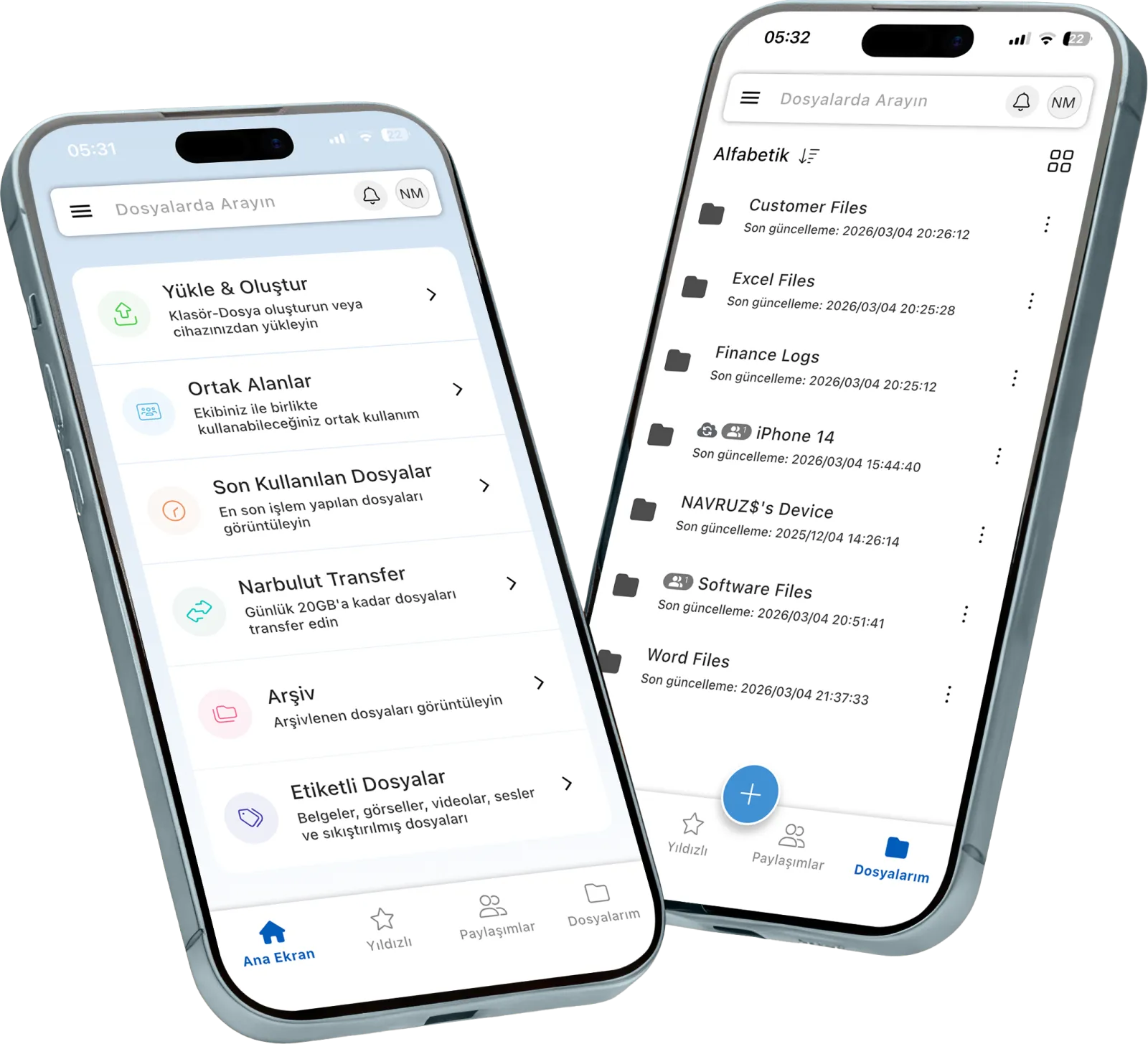 Narbulut Mobile App ekranları: ana ekran ve dosyalarım listesi