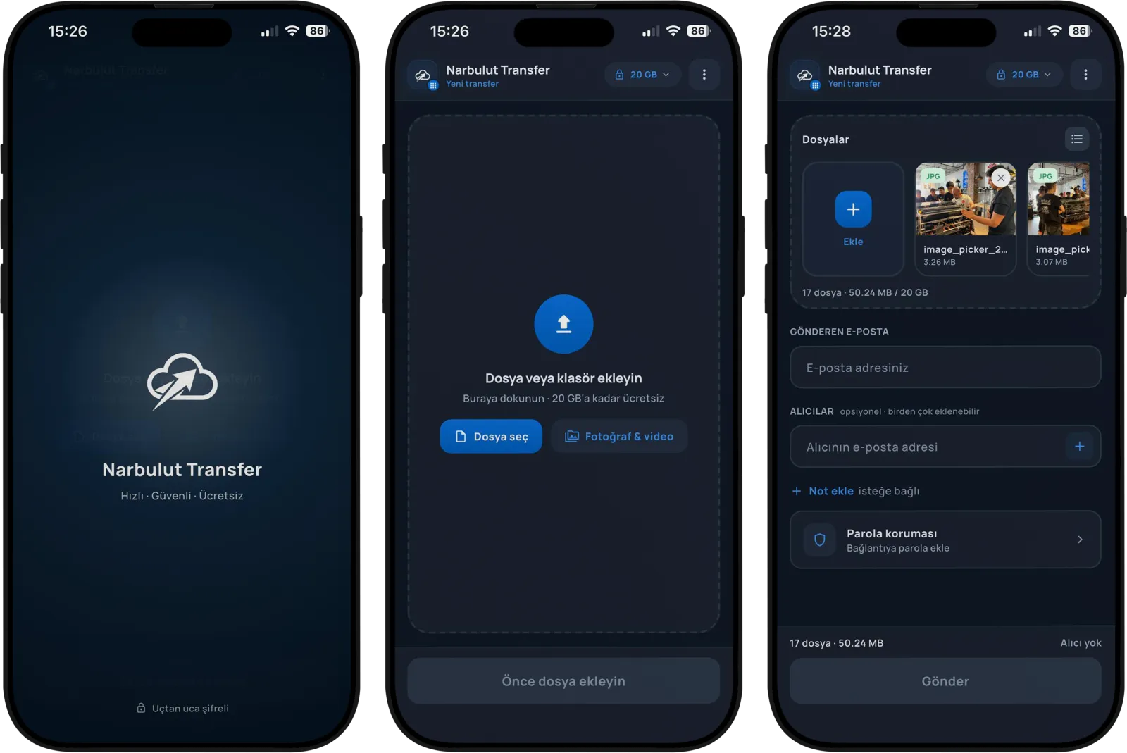 NarTransfer iOS uygulaması: açılış ekranı, dosya ekleme ekranı ve dosya listesiyle alıcı e-posta ekranı