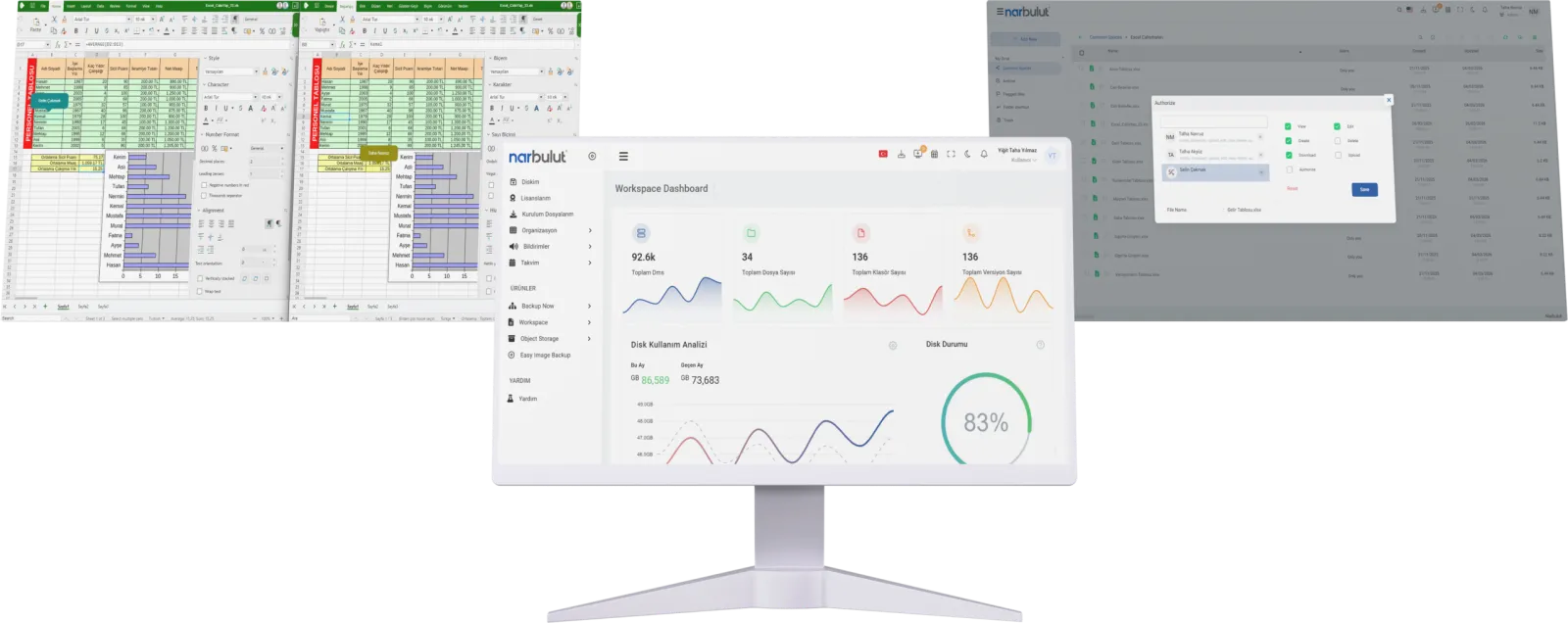 Narbulut nDocs Workspace: çalışma alanı dashboard ekranı ve online ofis ile düzenlenen tablo dosyaları