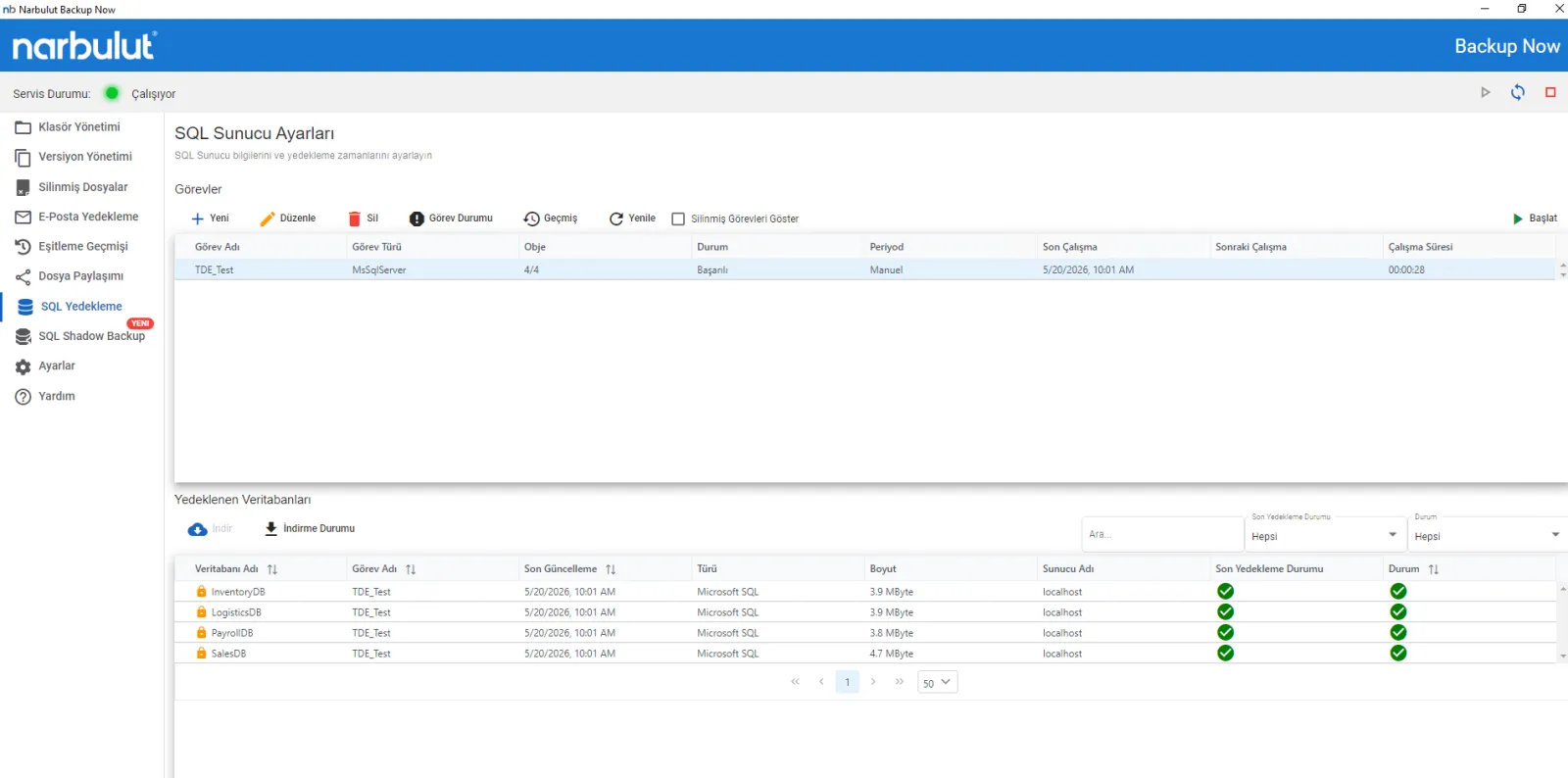 Narbulut Backup Now SQL Yedekleme ekranı: TDE ile şifrelenmiş veritabanları kilit ikonuyla işaretlenmiş